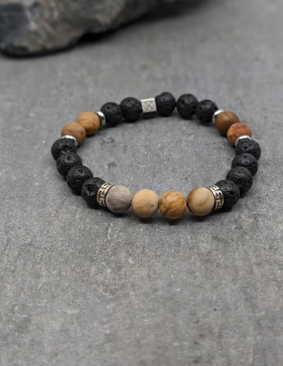 Bracelet Homme en bois fossilisé dépoli et pierre de lave 8 mm