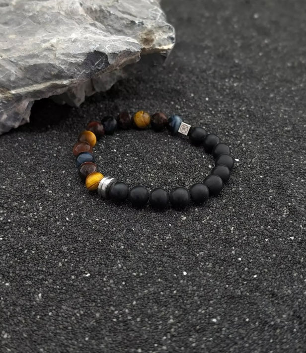 Bracelet bicolore homme trois yeux et agate noire dépolie 8 mm