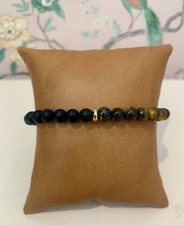 Bracelet split homme oeil de tigre et agate noire dépolie 6 mm