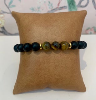 Bracelet homme oeil de tigre et agate noire dépolie 8 mm