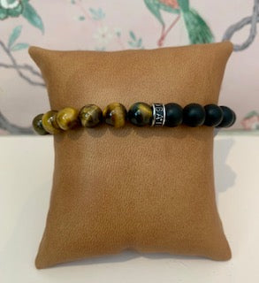 Bracelet bicolore homme oeil de tigre et agate noire dépolie 8 mm