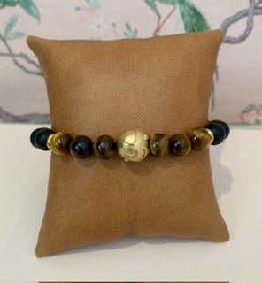 Bracelet Terre homme oeil de tigre et agate noire dépolie 8 mm